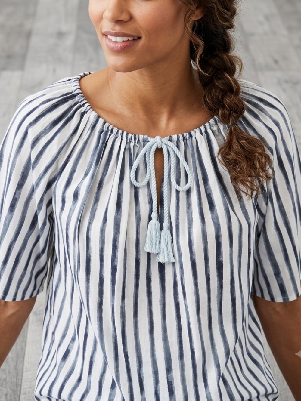 LOFT Striped Peasant Blouse Large Cotton Modal Blue White Tassel Keyhole Top L